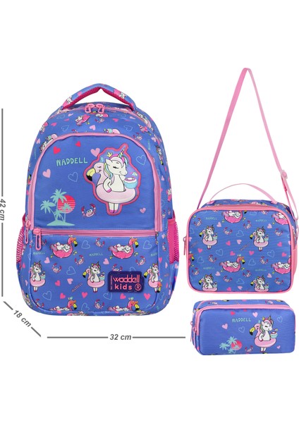 Canlorr Waddell Lisanslı Turkuaz-Pembe Unicorn Desenli Okul Sırt Çantası,beslenme Çantası ve Kalemlik