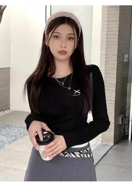 Uzun Kollu Ribbon Baskı Bluz Crop modelleri
