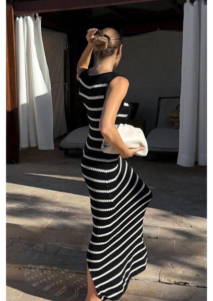 Siyah Yırtmaç Detaylı Uzun Boy Triko Elbise MG2448 fiyatları