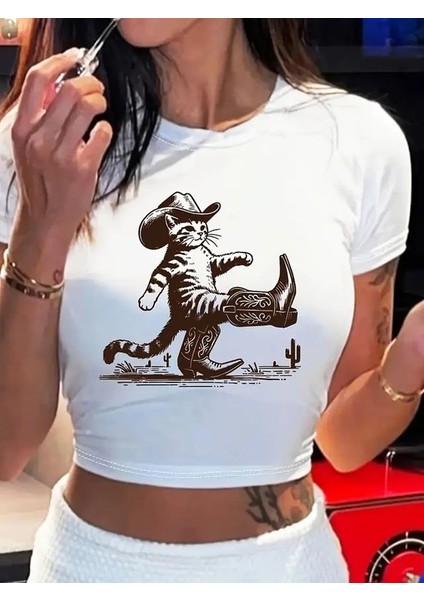 Çizmeli Kedi Baskılı Crop Top Bluz Body