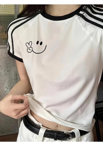 Smile Baskılı Şeritli Bluz Body Crop