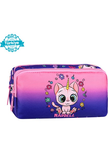 Waddell Lisanslı Mor-Pembe Kedi Desenli 2 Cepli Kalem Çantası