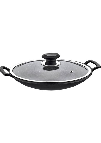 Oms 3228 30 cm Granit Cam Kapaklı Kavurma Sacı Tava Siyah