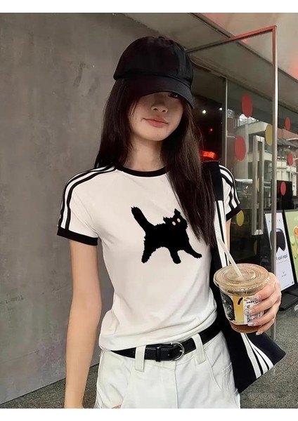 Cat Baskılı Şeritli Bluz Body Crop