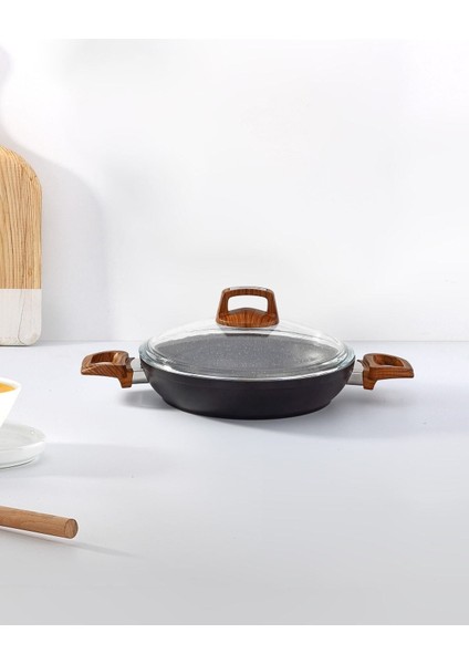 24 cm Ahşap Desenli Bakalit Kulplu Cam Kapaklı Vogue Granit Omlet Tava