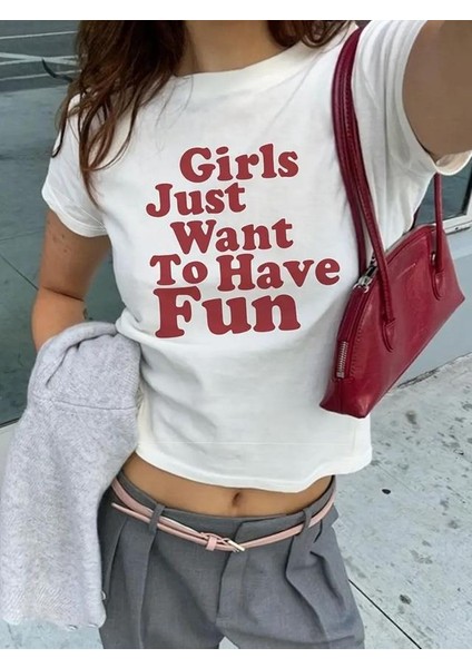 Kemer Boy Slogan Baskılı Crop Bluz