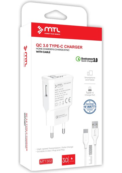 3 Amper 18W Type-C USB Hızlı Ev Tipi Şarj Seti MT1302 Mtlaksesuar