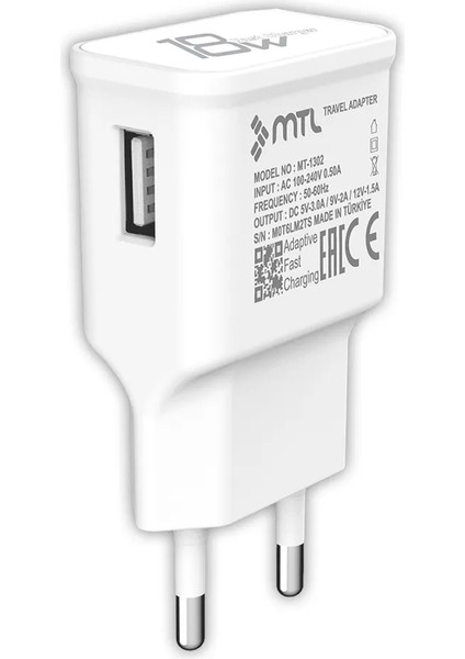 3 Amper 18W Type-C USB Hızlı Ev Tipi Şarj Seti MT1302 Mtlaksesuar