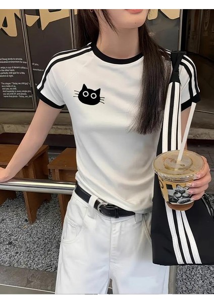 Cat Baskılı Şeritli Bluz Body Crop fiyatları