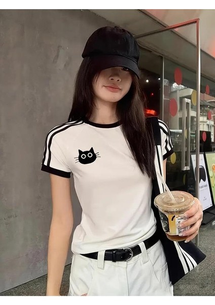 Cat Baskılı Şeritli Bluz Body Crop modelleri