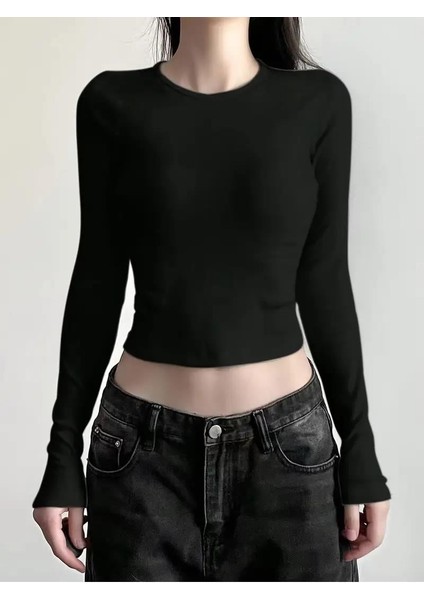 Uzun Kollu Sırt Baskı Gothic Bluz Crop