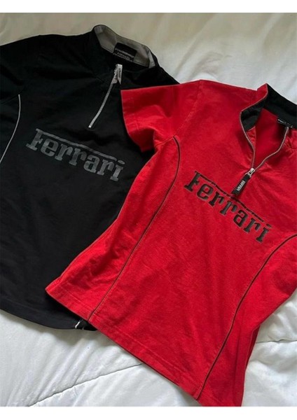 Car Detail Red & Black Baskılı Fermuarlı Crop Bluz fiyatları