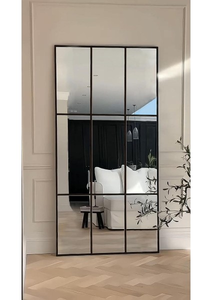 Siyah Metal Çerçeveli Modern Pencere Boy Aynası - 80 x 180 cm