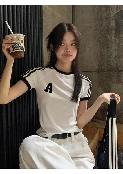 A Baskılı Şeritli Bluz Body Crop