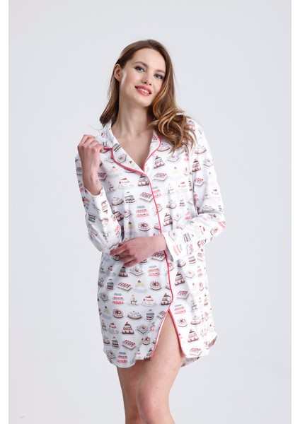 Önden Düğmeli Desenli Penye Gecelik