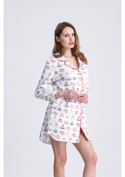 Önden Düğmeli Desenli Penye Gecelik indirimleri