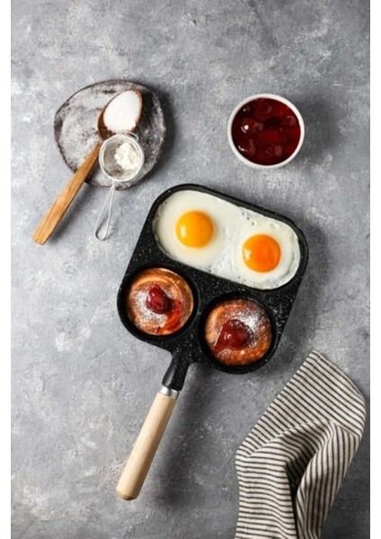 3 Bölmeli Granit Döküm Tava Pancake Yumurta Mücver Omlet Tavası