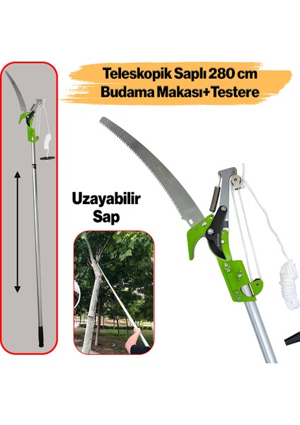 Ayarlanabilir 280 cm Teleskopik Alüminyum Saplı Yüksek Yerlerde Ağaç Dal Kesme Budama Makası Testere