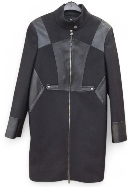 38 / M SİYAH DERİ DETAYLI KAŞE FERMUAR KAPAMALI MİDİ BOY KLASİK YARIM BOĞAZ KABAN PALTO