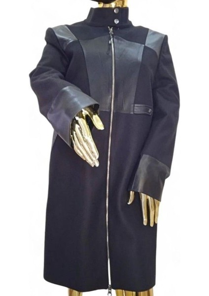 38 / M SİYAH DERİ DETAYLI KAŞE FERMUAR KAPAMALI MİDİ BOY KLASİK YARIM BOĞAZ KABAN PALTO fiyatları