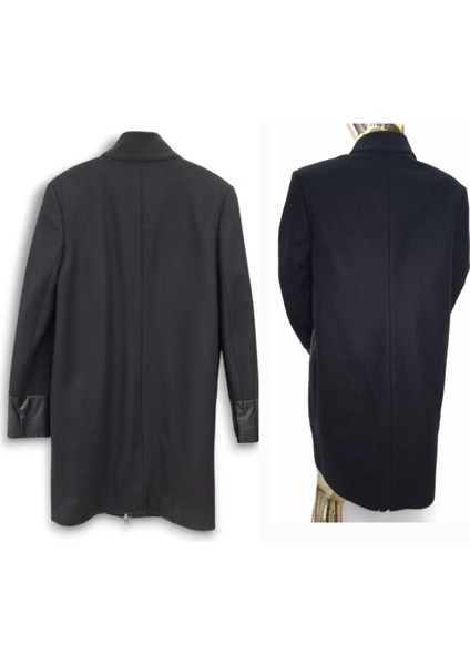 38 / M SİYAH DERİ DETAYLI KAŞE FERMUAR KAPAMALI MİDİ BOY KLASİK YARIM BOĞAZ KABAN PALTO