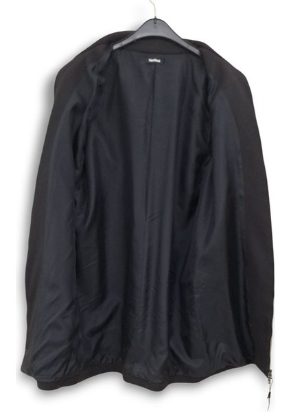 38 / M SİYAH DERİ DETAYLI KAŞE FERMUAR KAPAMALI MİDİ BOY KLASİK YARIM BOĞAZ KABAN PALTO