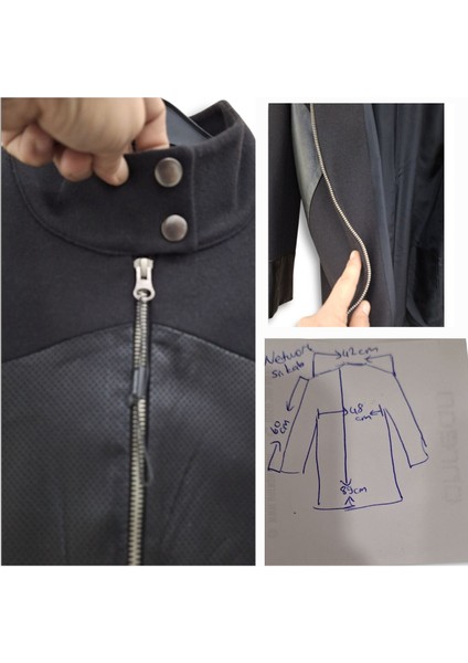 38 / M SİYAH DERİ DETAYLI KAŞE FERMUAR KAPAMALI MİDİ BOY KLASİK YARIM BOĞAZ KABAN PALTO