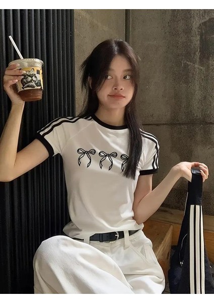 Ribbon Baskılı Şeritli Bluz Body Crop