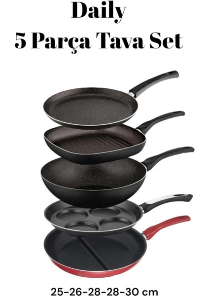 Daily 5 Parça Tava Seti 5 Li Çeyiz Tava Set Wok, Grill, Krep, Burger Pankek, Cingöz Kızartma Tavası