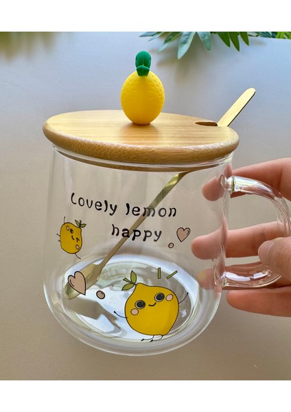 Limon Figürlü Kaşıklı Kupa-Bambu Kapaklı Cam Bardak-Sıcak ve Soğuk Içecekler Için-Hediyelik- Kahve Limonata