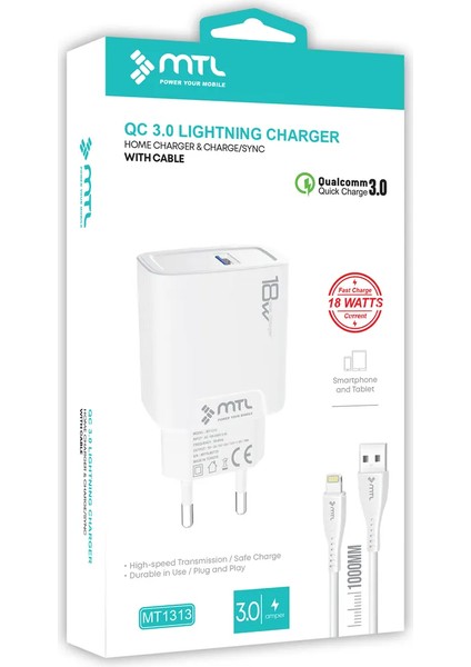3 Amper 18W iPhone Lightning USB Hızlı Ev Tipi Şarj Seti MT1313 Mtlaksesuar