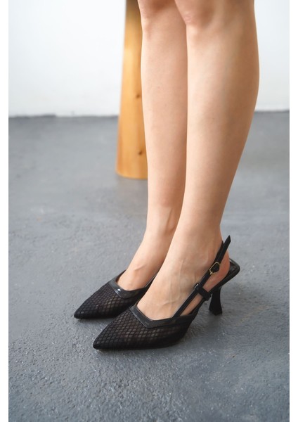 Kadın Dveyn Fileli Topuklu Ayakkabı Suni Deri Siyah İnce Topuklu Tasarım fiyatları
