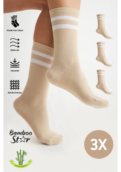 Bambu Kadın Krem Kaydırmaz Taban Silikon Baskı Yoga Fitness Pilates Bale Dans Tenis Çorabı 3'lü