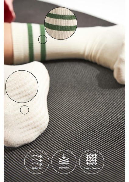 Bambu Kadın Ekru Kaydırmaz Taban Silikon Baskı Yoga Fitness Pilates Bale Dans Tenis Çorabı 3'lü modelleri