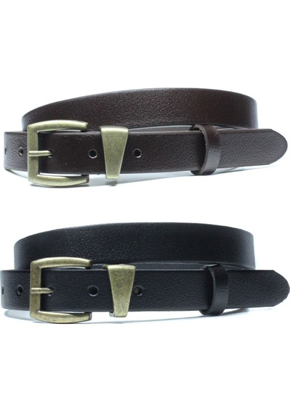 2'li Hakiki Deri Antik Sarı Tokalı Kadın Kemeri 2,5cm Siyah Kahverengi