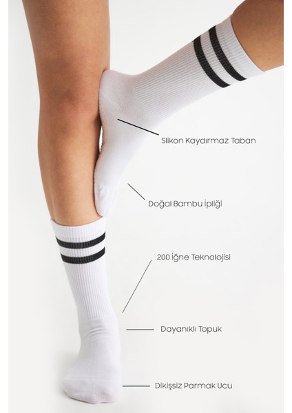 Bambu Kadın Beyaz Kaydırmaz Taban Silikon Baskı Yoga Fitness Pilates Bale Dans Tenis Çorabı