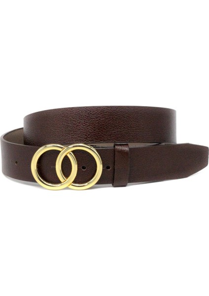 Kadın Kahverengi Hakiki Deri Çift Halka Tokalı Kemer