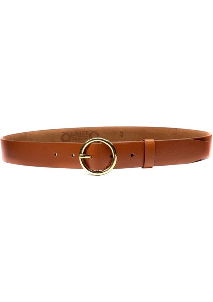 Kahverengi Hakiki Deri Yuvarlak Toka Kadın Kemeri 3cm Taba 100% Manda Hakiki Deri
