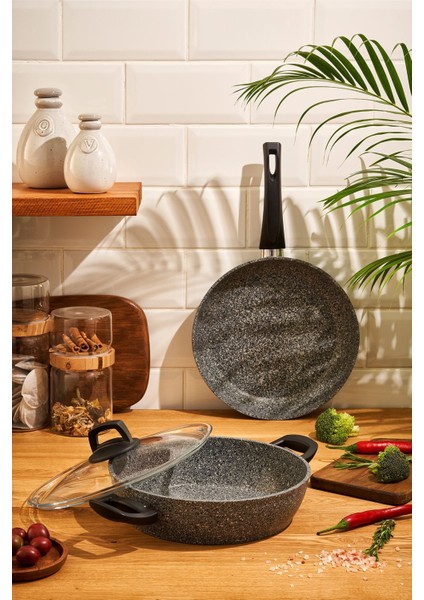 Lucca 3 Parça Tencere Tava Seti Gri Mavi 26 cm