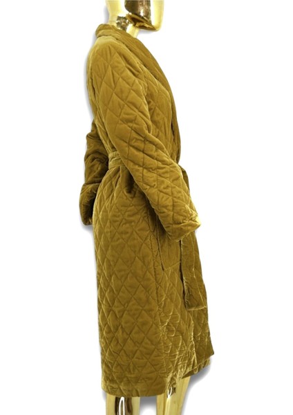 OVERSİZE S / 36 DOLGULU KAPİTONE DİKİŞLİ HAKİ PARLAK GÖRÜNÜMLÜ BAĞLAMALI KABAN /PALTO