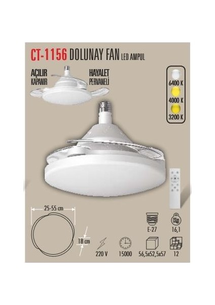 CT-1156 Dolunay 3 Renk Modlu Kumandalı Dimlenebilir Hayalet Pervaneli 72W Ampul
