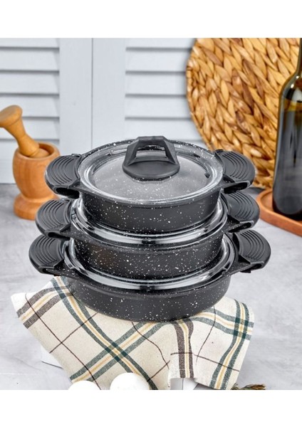 ZK-900 Döküm Granit 3'lü Sahan Seti Siyah (6 Adet Silikon Tutamaç Hediyeli) modelleri