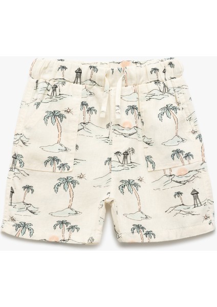Beli Bağcıklı Viskon ve Keten Karışımlı Palmiye Desenli Şort