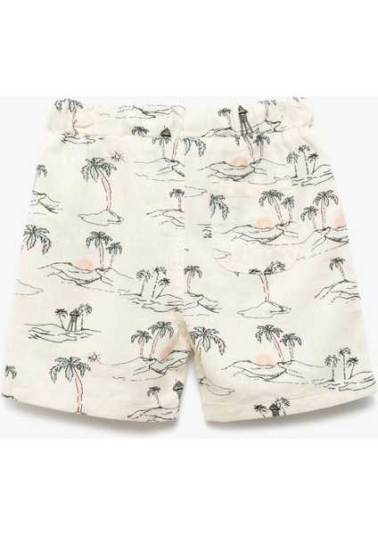 Beli Bağcıklı Viskon ve Keten Karışımlı Palmiye Desenli Şort fiyatları