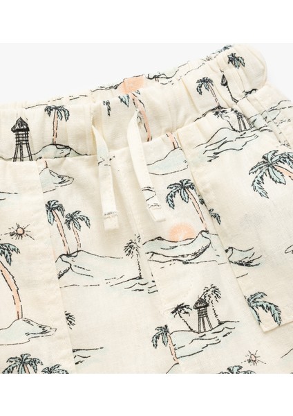 Beli Bağcıklı Viskon ve Keten Karışımlı Palmiye Desenli Şort modelleri