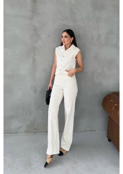 Ekru Baklava Desenli Denim Yelek ve Pantolon Takım