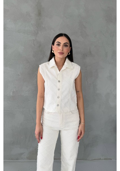 Ekru Baklava Desenli Denim Yelek ve Pantolon Takım fiyatları