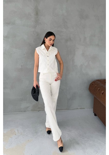 Ekru Baklava Desenli Denim Yelek ve Pantolon Takım modelleri