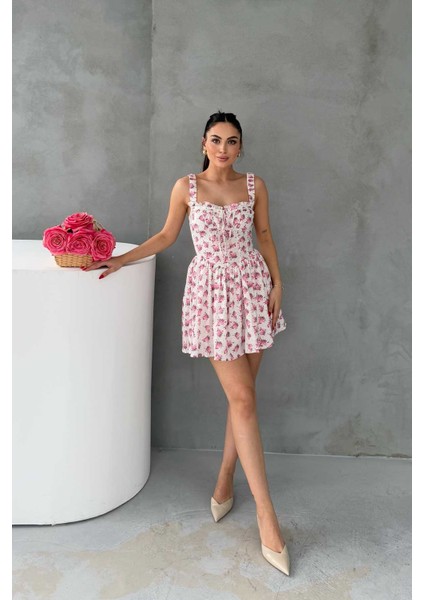 Pembe Çiçekli Asklı Elbise
