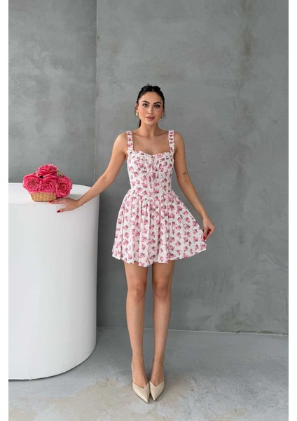Pembe Çiçekli Asklı Elbise